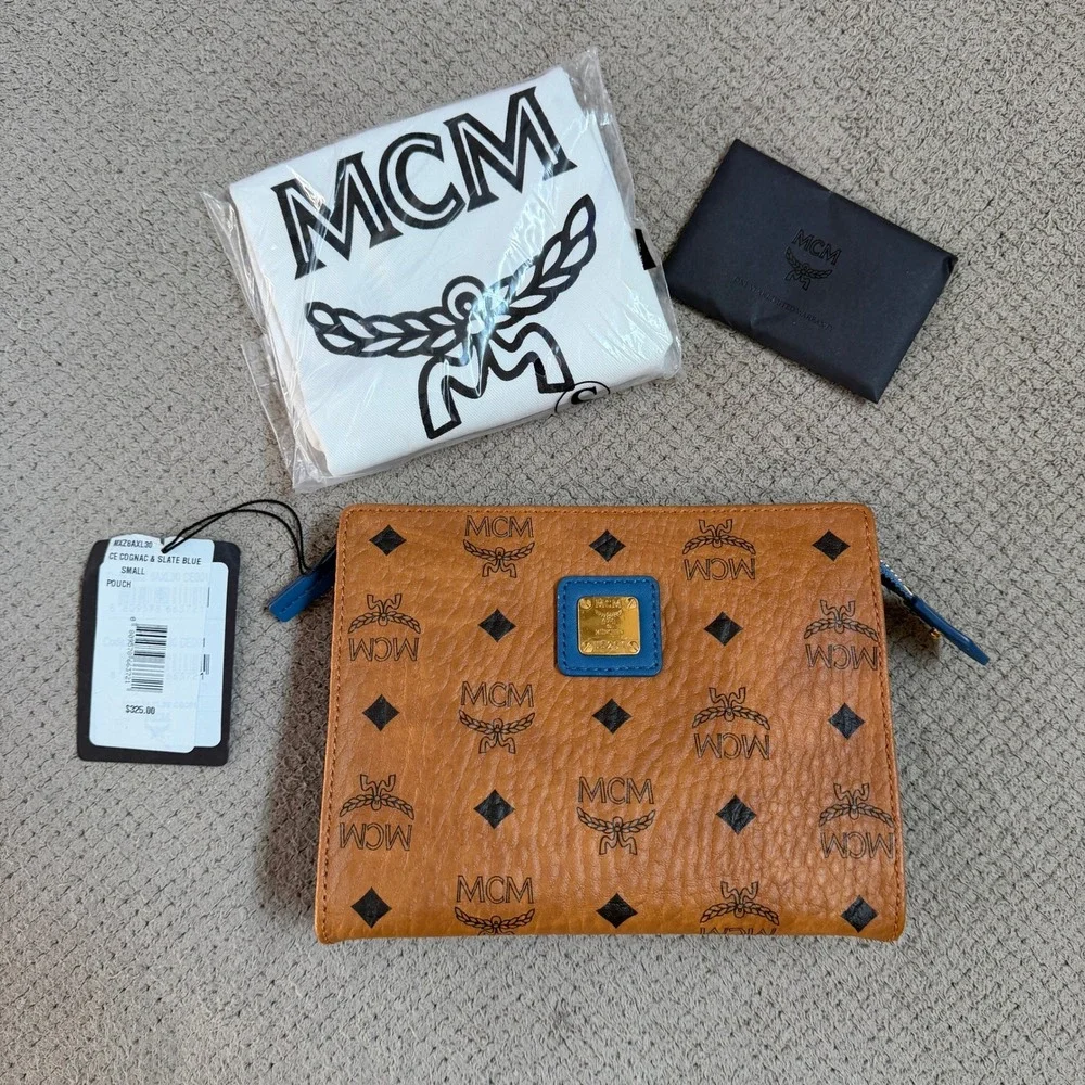 MCM Cognac Visetos Small Pouch Slate Blue Trim NWT MXZ8AXL30